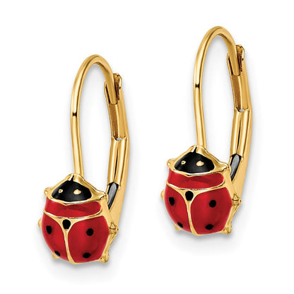 14k Yellow Gold Polished Enameled Ladybug Leverback Earrings
