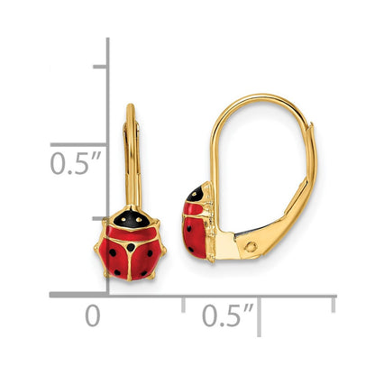 14k Yellow Gold Polished Enameled Ladybug Leverback Earrings