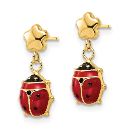 14k Yellow Gold Polished Enameled Flower with Ladybug Post Dangle Earrings
