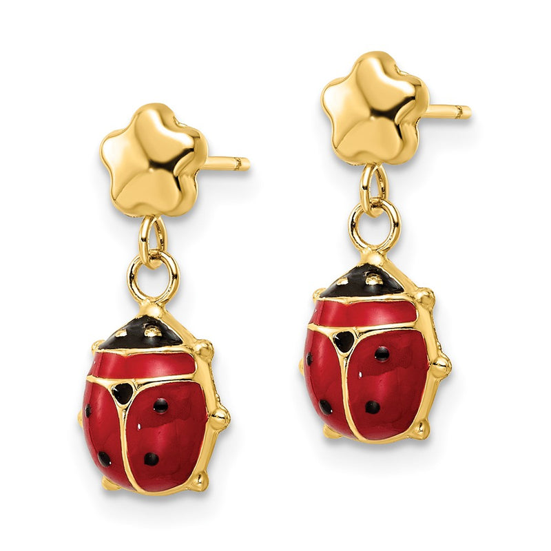 14k Yellow Gold Polished Enameled Flower with Ladybug Post Dangle Earrings