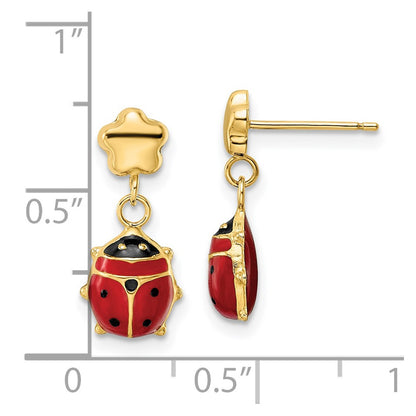 14k Yellow Gold Polished Enameled Flower with Ladybug Post Dangle Earrings