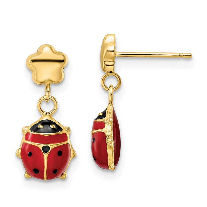 14k Yellow Gold Polished Enameled Flower with Ladybug Post Dangle Earrings