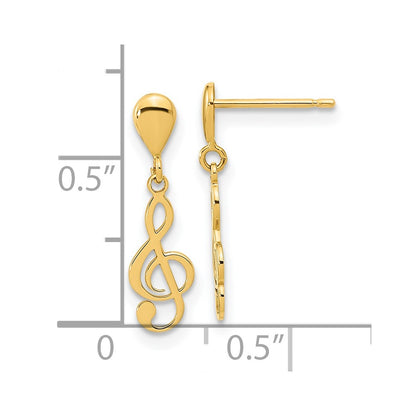 14k Yellow Gold Polished Treble Clef Dangle Earrings