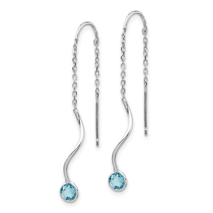 14k White Gold Blue Topaz Round Bezel Threader Earrings