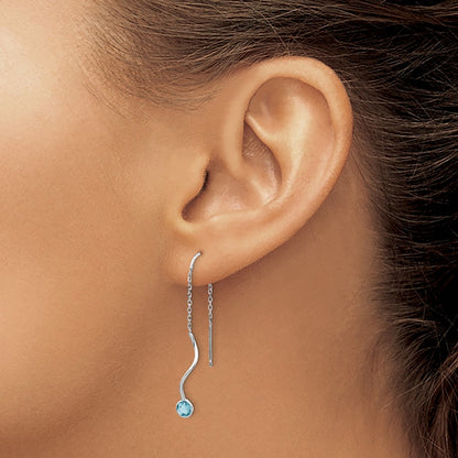 14k White Gold Blue Topaz Round Bezel Threader Earrings