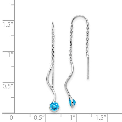14k White Gold Blue Topaz Round Bezel Threader Earrings
