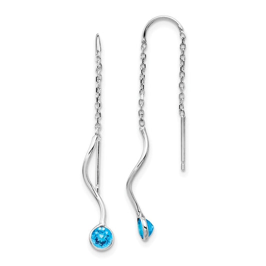 14k White Gold Blue Topaz Round Bezel Threader Earrings