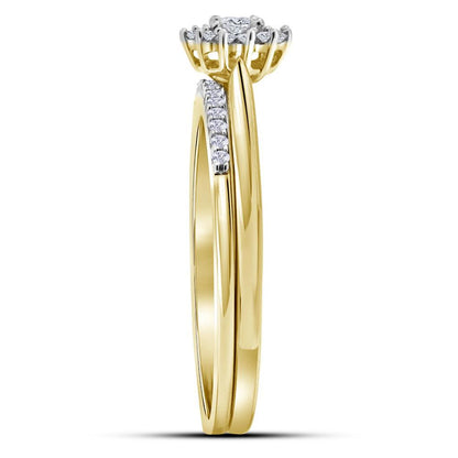 10k Yellow Gold Round Diamond Halo Bridal Wedding Ring Set 1/4 Cttw