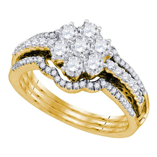 14k Yellow Gold Diamond Cluster Bridal Wedding Ring Set 1 Cttw