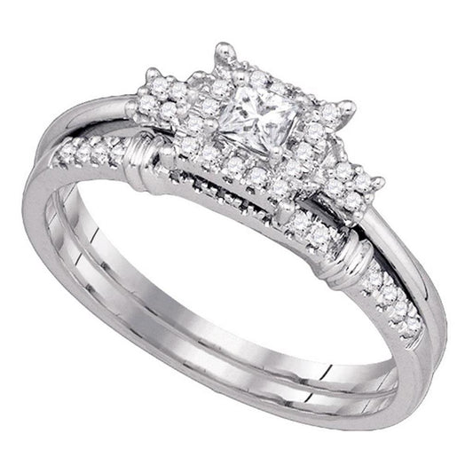 14k White Gold Princess Diamond Halo Bridal Engagement Ring Set 1/3 Cttw