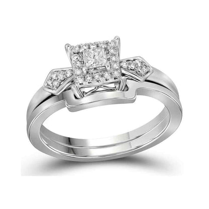 14k White Gold Princess Diamond Square Halo Bridal Engagement Ring Set 1/4 Cttw