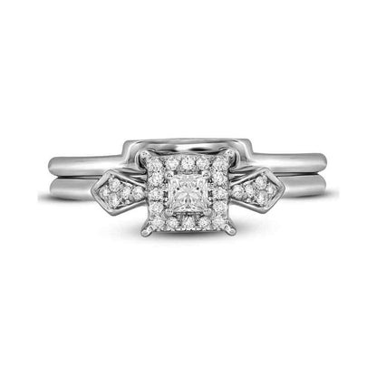 14k White Gold Princess Diamond Square Halo Bridal Engagement Ring Set 1/4 Cttw