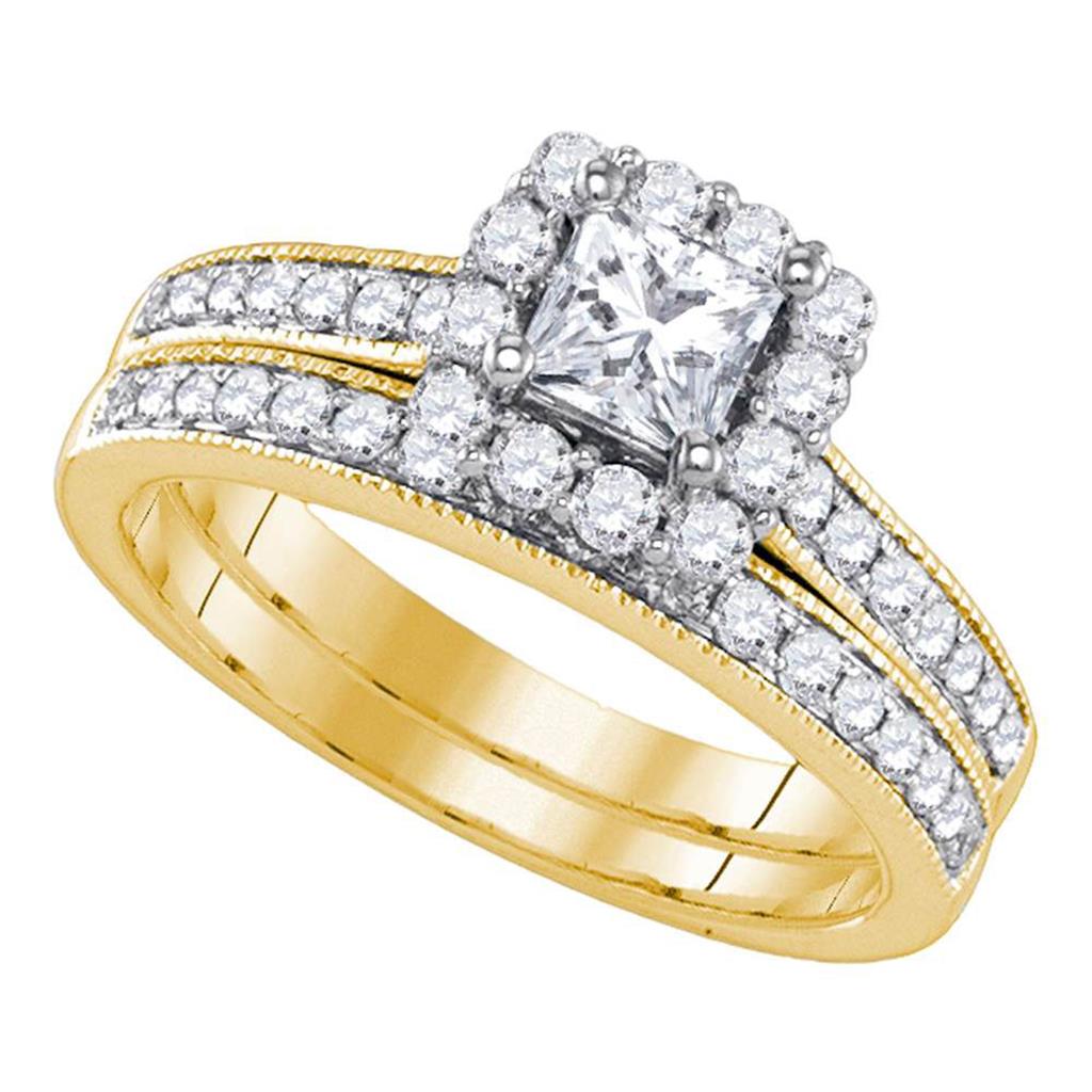 14k Yellow Gold Princess Diamond Halo Bridal Wedding Ring Set 1-1/4 Cttw (Certified)