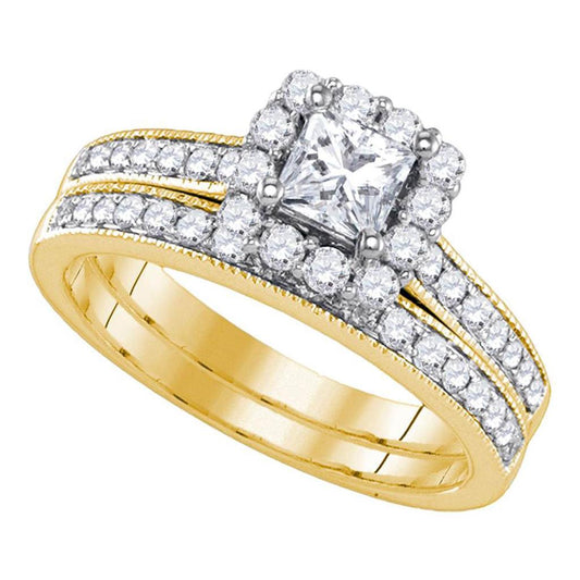 14k Yellow Gold Princess Diamond Halo Bridal Wedding Ring Set 1-1/4 Cttw (Certified)