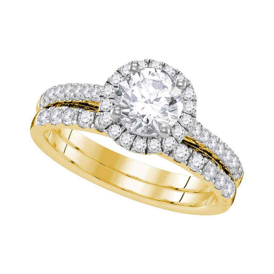 14k Yellow Gold Round Diamond Halo Bridal Wedding Ring Set 1-1/3 Cttw