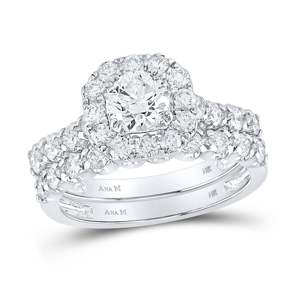 14k White Gold Round Diamond Halo Bridal Wedding Ring Set 2 Cttw (Certified)