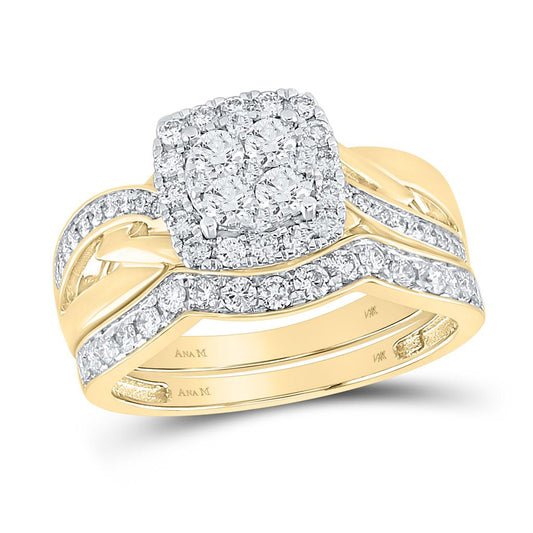 14k Yellow Gold Round Diamond Cluster Bridal Wedding Ring Set 1 Cttw
