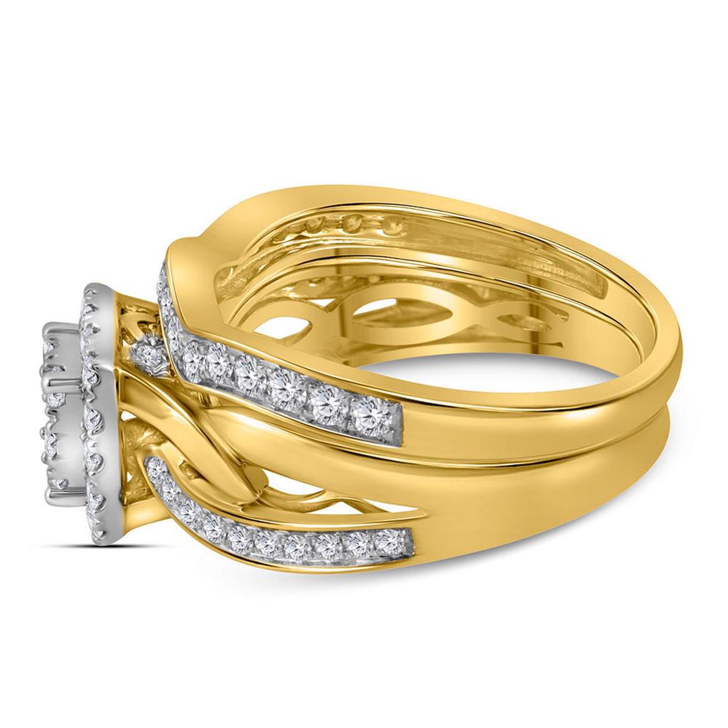 14k Yellow Gold Round Diamond Cluster Bridal Wedding Ring Set 1 Cttw