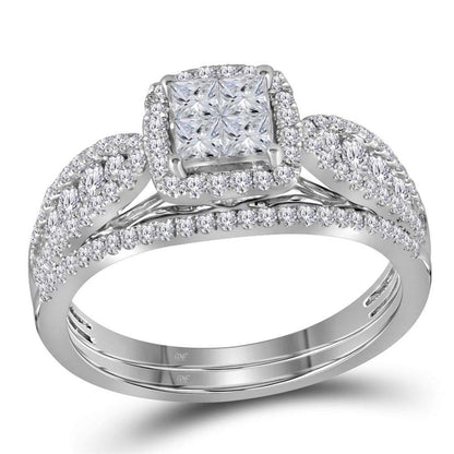 14k White Gold Princess Diamond Bridal Wedding Ring Set 1 Cttw