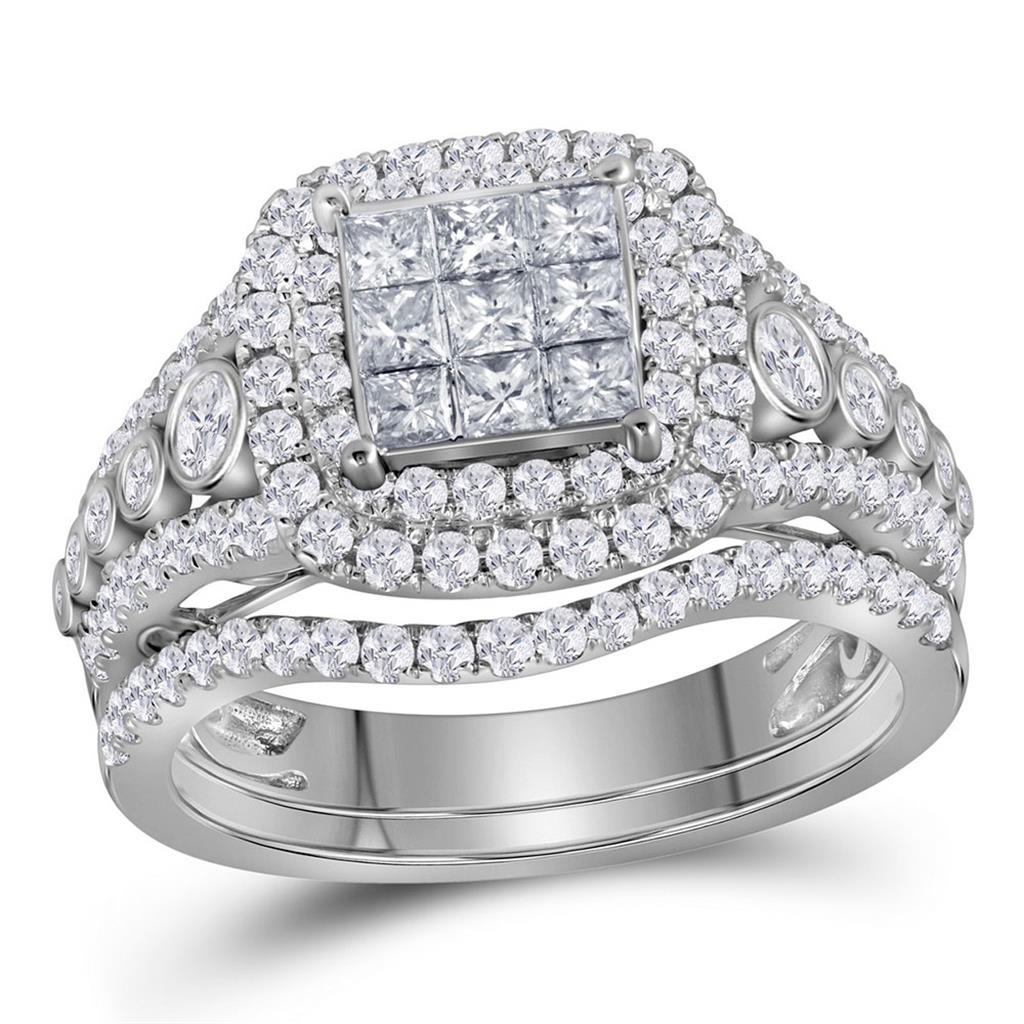 14k White Gold Princess Diamond Bridal Wedding Ring Set 1-1/2 Cttw