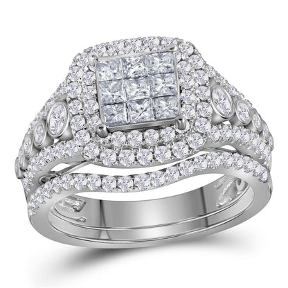 14k White Gold Princess Diamond Bridal Wedding Ring Set 1-1/2 Cttw