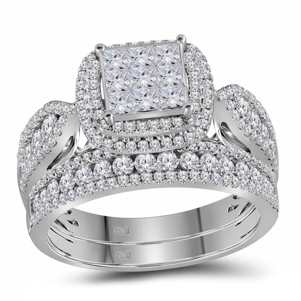 14k White Gold Princess Diamond Bridal Wedding Ring Set 1-1/2 Cttw