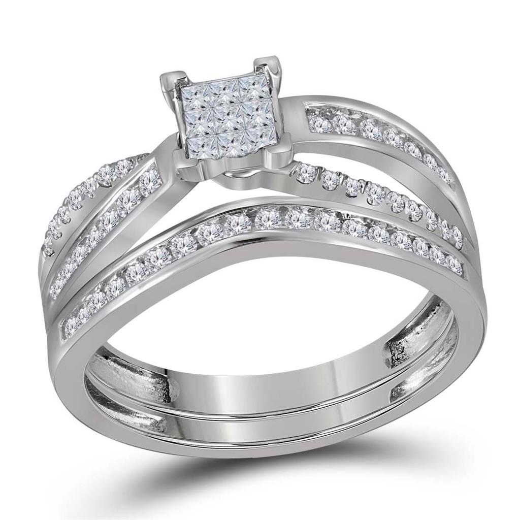 14k White Gold Princess Diamond Bridal Wedding Ring Set 1/2 Cttw