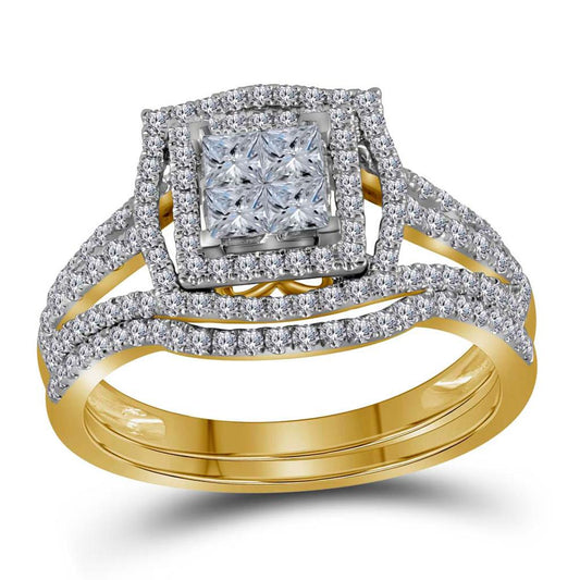 14k Yellow Gold Princess Diamond Bridal Wedding Ring Set 1 Cttw