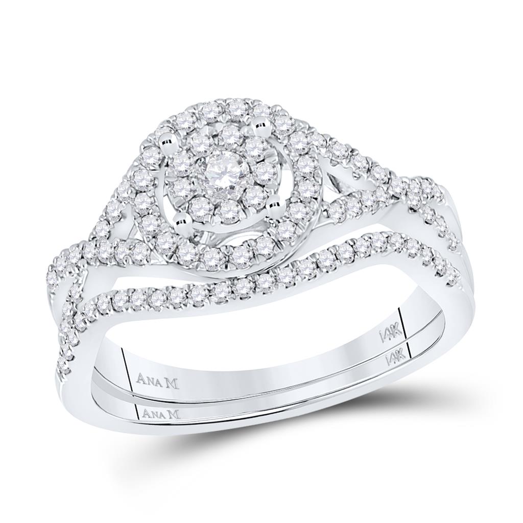 14k White Gold Round Diamond Cluster Bridal Wedding Ring Set 1/2 Cttw