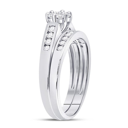 14k White Gold Round Diamond Flower Cluster Bridal Wedding Ring Set 1/2 Cttw