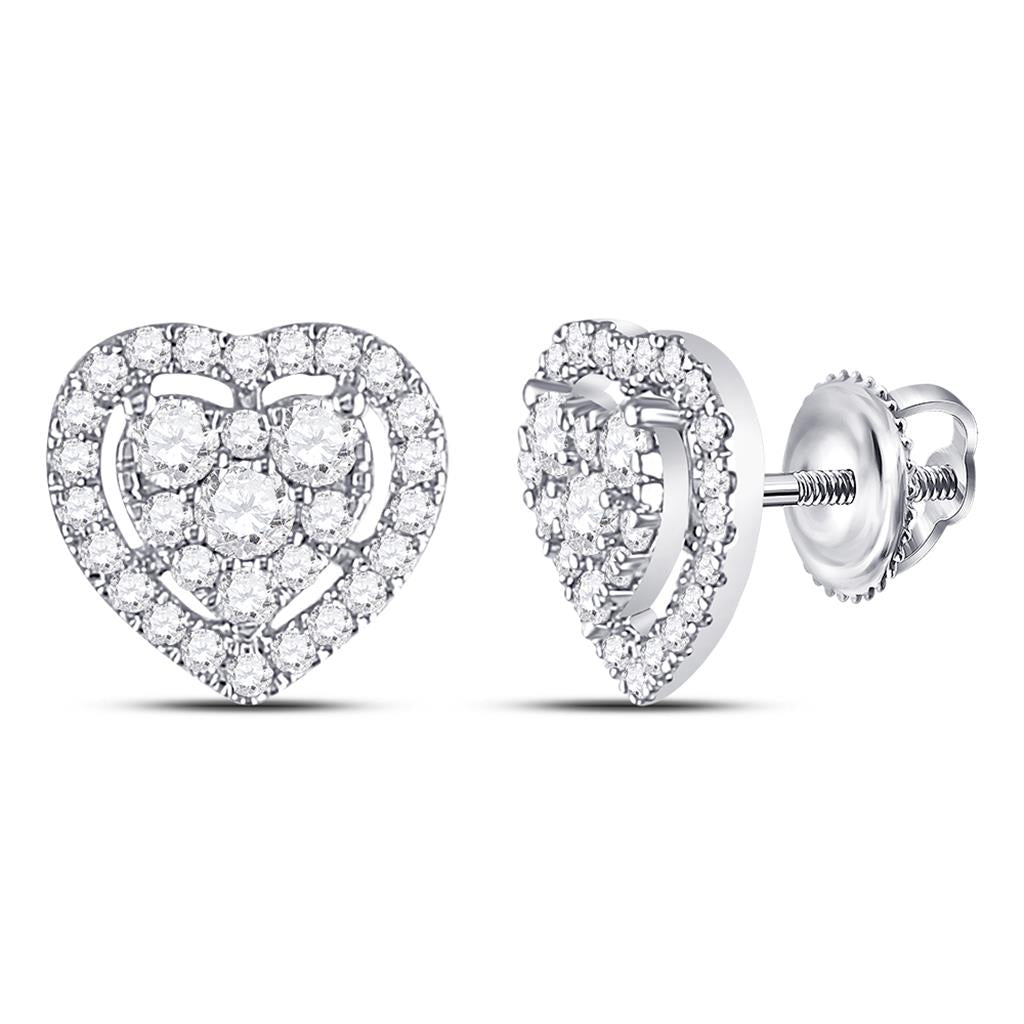 14kt White Gold Round Diamond Heart Cluster Earrings 3/4 Cttw