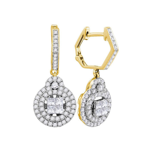 14k Yellow Gold Princess Diamond Double Circle Frame Dangle Earrings 1 Cttw