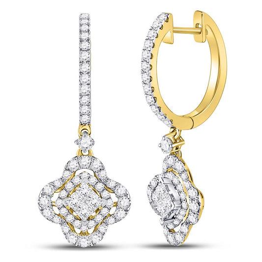 14k Yellow Gold Princess Diamond Cluster Dangle Earrings 1 Cttw