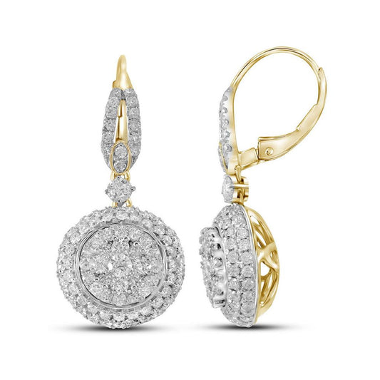 14k Yellow Gold Round Diamond Circle Cluster Dangle Earrings 2 Cttw