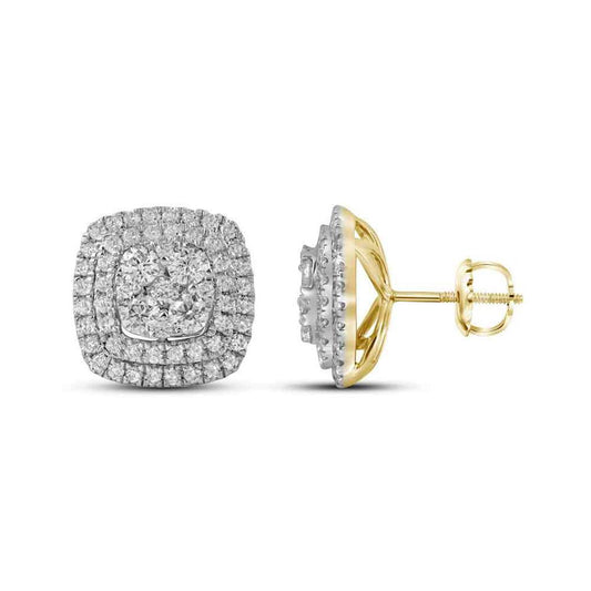 14k Yellow Gold Round Diamond Double Square Frame Cluster Earrings 1-1/2 Cttw