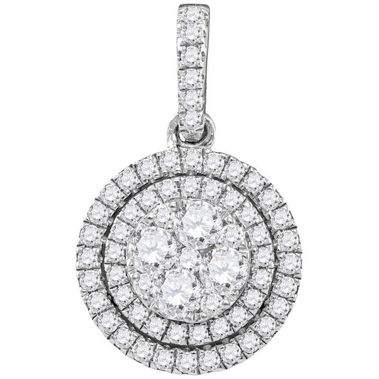 14k White Gold Round Diamond Double Frame Flower Cluster Pendant 7/8 Cttw