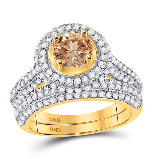 14k Yellow Gold Brown Diamond Halo Bridal Wedding Ring Set 2 Cttw
