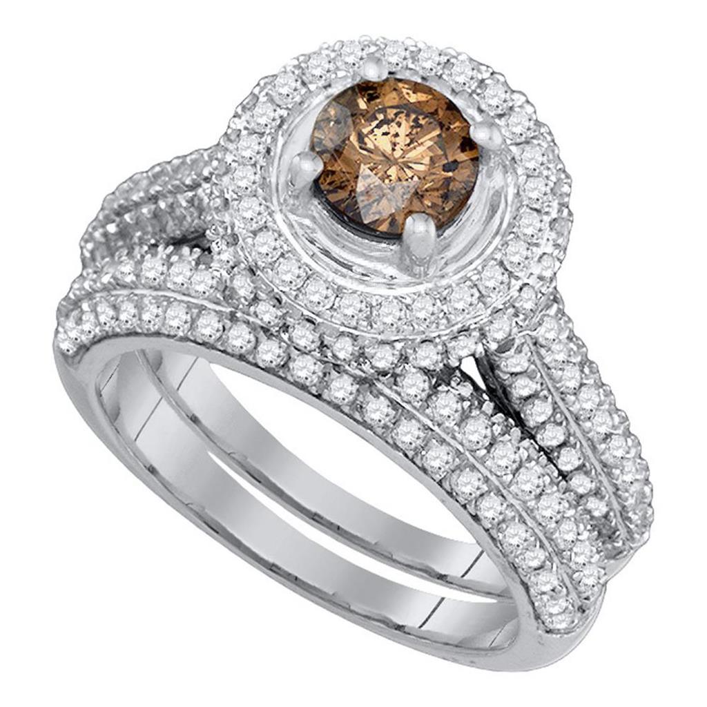 14k White Gold Brown Diamond Halo Bridal Wedding Ring Set 2 Cttw