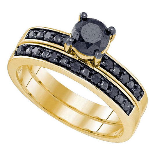 10k Yellow Gold Round Black Diamond Bridal Wedding Ring Set 1 Cttw