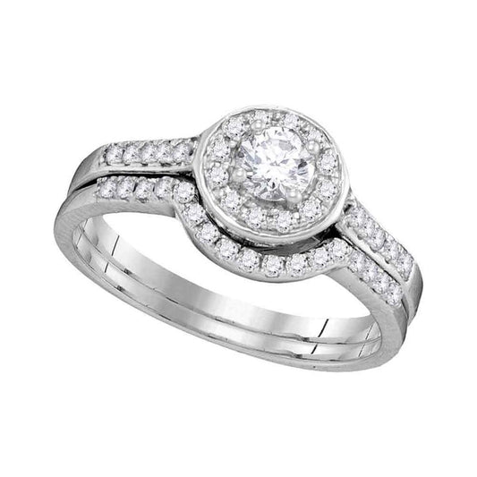 14k White Gold Diamond Round Halo Bridal Wedding Ring Set 1/2 Cttw