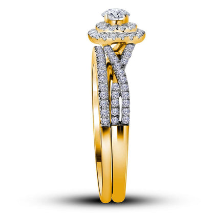 10k Yellow Gold Round Diamond Halo Bridal Wedding Ring Set 1/2 Cttw