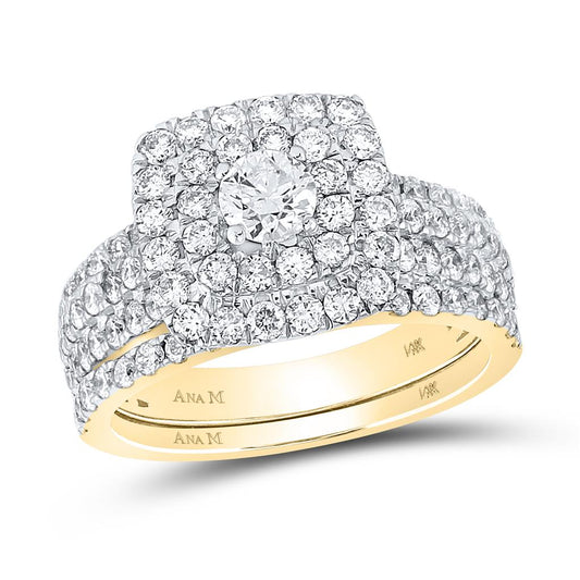 14k Yellow Gold Round Diamond Halo Bridal Wedding Ring Set 1-3/4 Cttw (Certified)