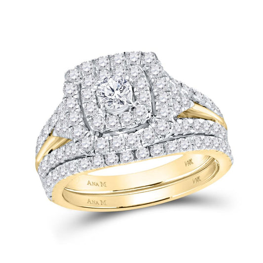 14k Yellow Gold Round Diamond Halo Bridal Wedding Ring Set 1-7/8 Cttw (Certified)