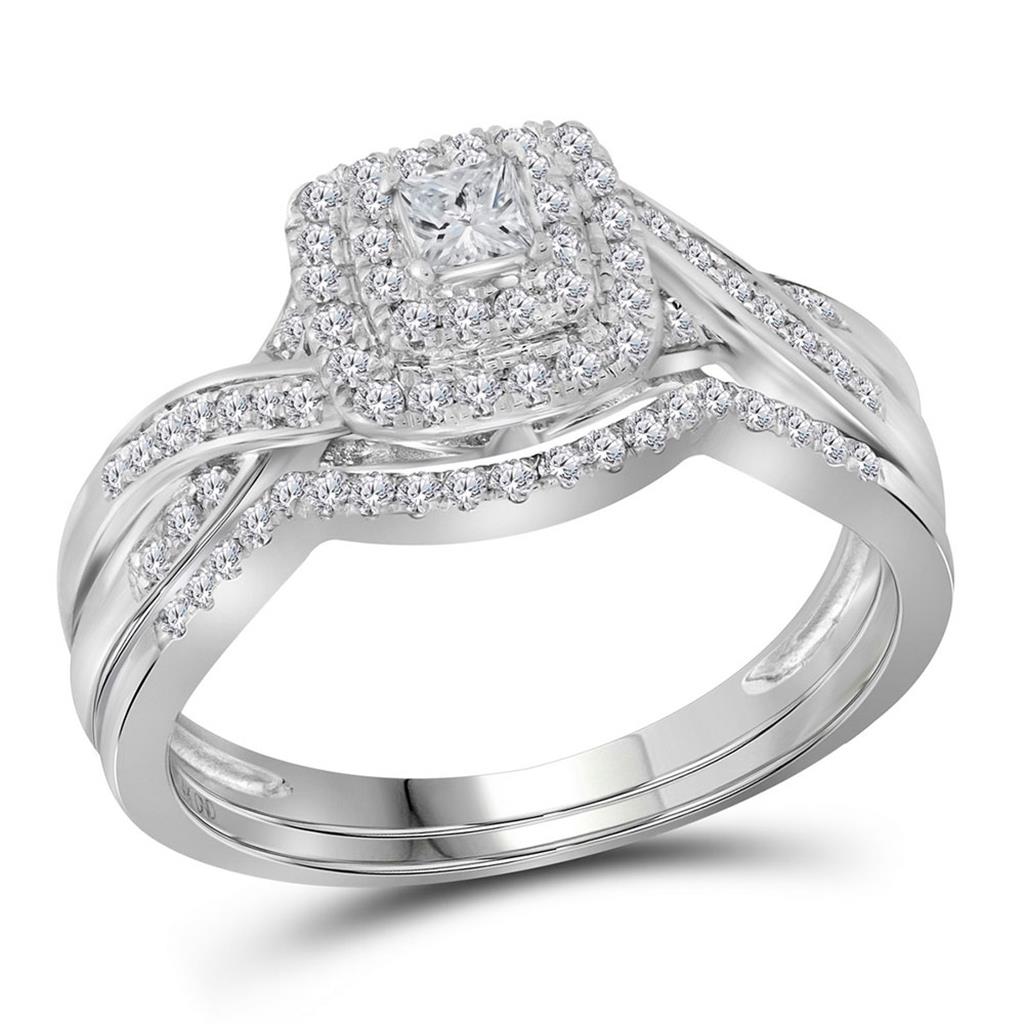 14k White Gold Princess Diamond Bridal Wedding Ring Set 1/2 Cttw
