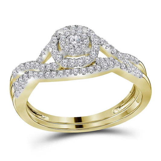 14k Yellow Gold Round Diamond Halo Bridal Wedding Ring Set 1/2 Cttw