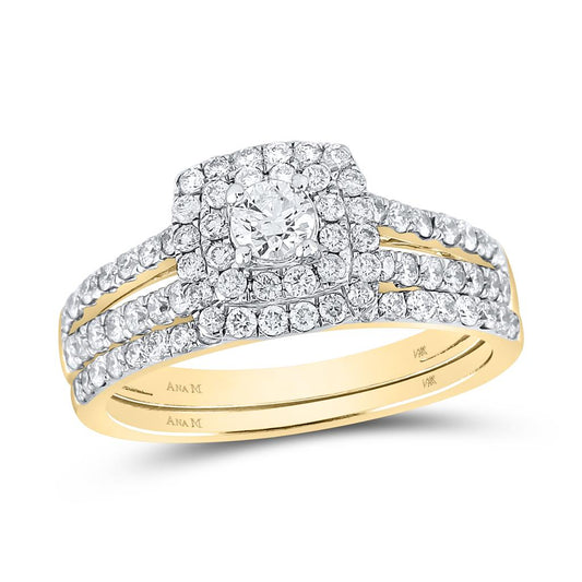 14k Yellow Gold Round Diamond Halo Bridal Wedding Ring Set 1 Cttw (Certified)