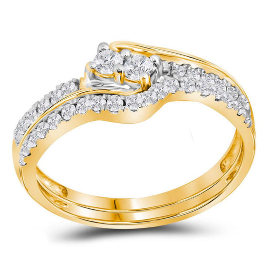 10k Yellow Gold Diamond 2-stone Hearts Together Bridal Wedding Ring Set 1/2 Cttw