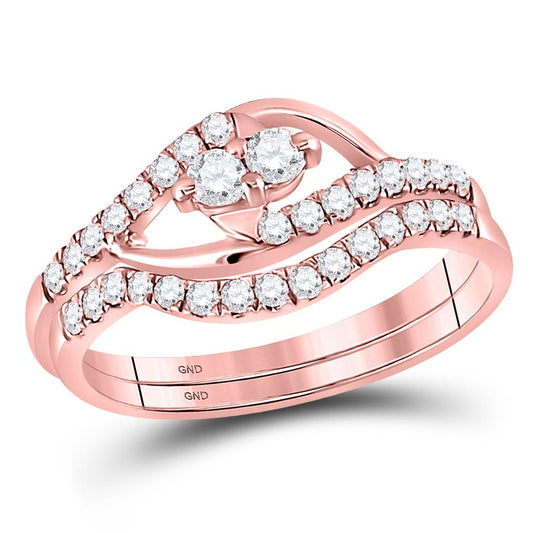 10k Rose Gold Round Diamond 2-Stone Bridal Wedding Ring Set 1/2 Cttw