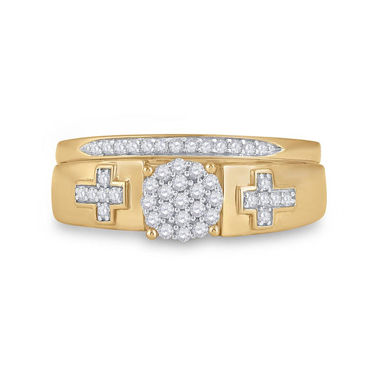 10k Yellow Gold Diamond Cluster Cross Bridal Wedding Ring Set 1/4 Cttw