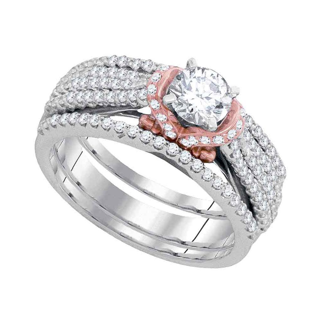 14k White Gold Round Diamond Rose-tone Bridal Wedding Ring Set 1 Cttw